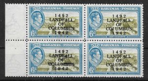 BAHAMAS SG169a 1942 LANDFALL 6d BLK OF 4 - 1 WITH COIUMBUS VAR MTD MINT