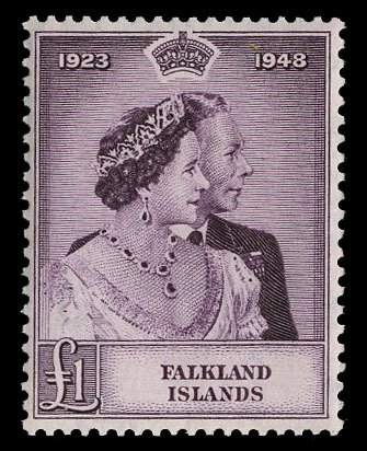 Falkland Islands #100 Cat$110, 1948 £1 Silver Wedding, lightly hinged