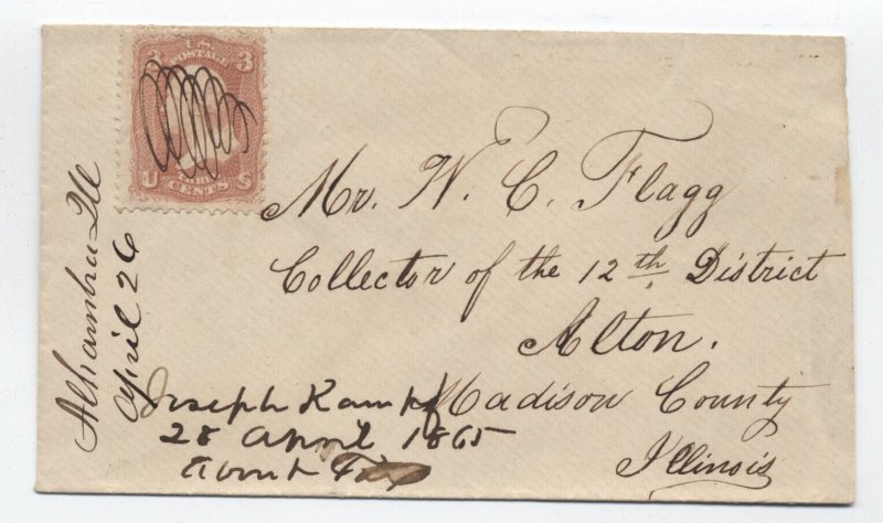 1865 Alhambra IL manuscript postmark #65 cover patriotic backflaps [h.4527]