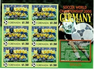 Grenada - 2006 - World Cup Germany Team Brazil - Sheet Of 6 Stamps - MNH