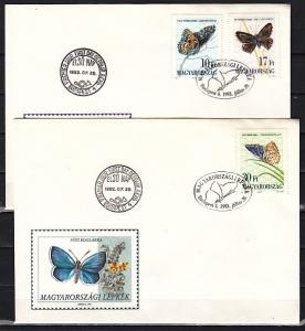 Hungary, Scott cat. 3399-3401. Butterflies issue on 2 First day covers. ^