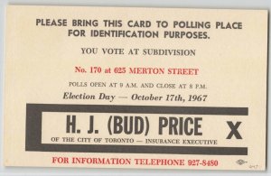 Canada 1967 3c Cameo Precancel Bud Price Toronto Election Postal Stationery Card