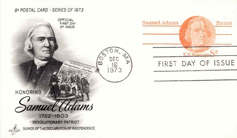 USA 1973 FDC Sc UX66 Samuel Adams Artcraft Cachet Postal Card Boston MA Cancel