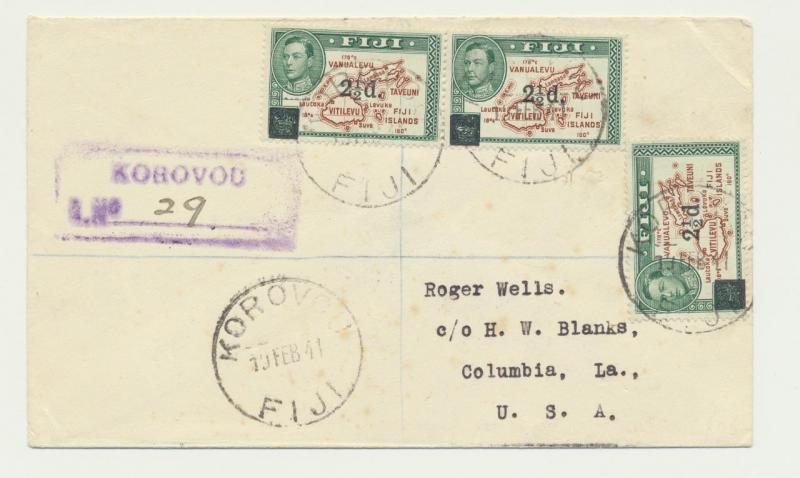 FIJI 1941 REG COVER TO USA, 3x2½d SURCHARGES, CORRECT BACKSTAMPS ETC