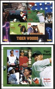 2 SOMALIA Stamps Postage Souvenir Sheets TIGER WOODS Golf Sport Topical MINT NH
