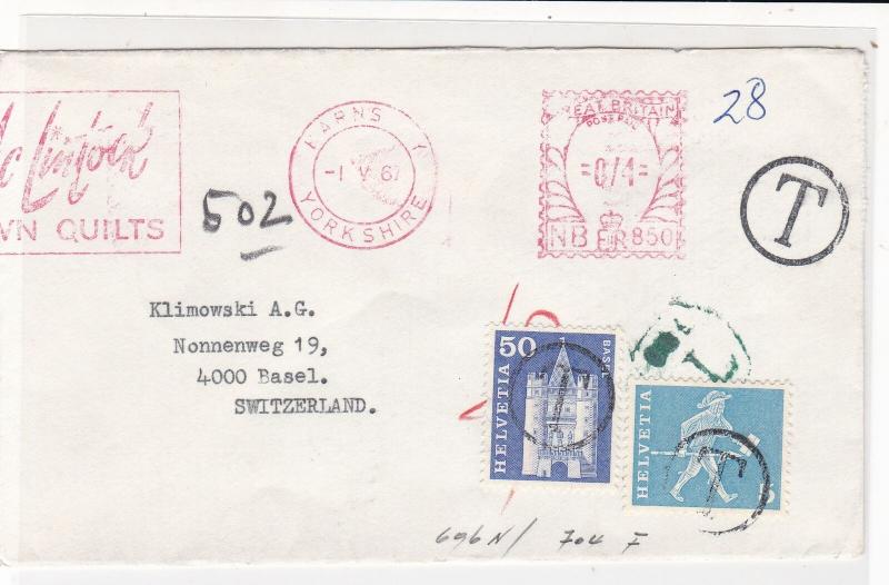 England to Switzerland 1967 Postings to Pay Machine Cancels Stamps Cover Rf25267