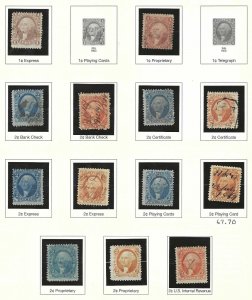 US 1861-1872 COLLECTION OF 92 REVENUE STAMPS ON MYSTIC SPECIALIZED ALBUM PAGES