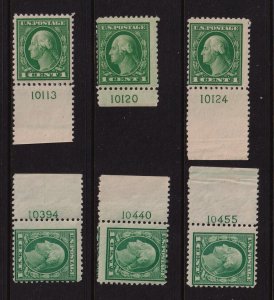 1917 Sc 498 MNH lot of 6 singles, plate numbers 10113/10455 Hebert CV $36 (B12