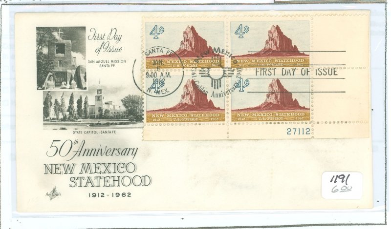 US 1191 1962 New Mexico statehood FDC; plateblock of 4 #27112 LR.