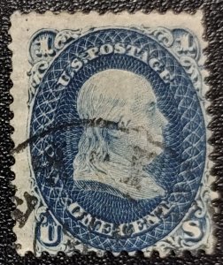 Scott Stamp #63b - 1861 1c Used Franklin, Scarce Dark Blue. SCV $875.00