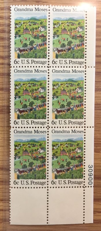 US #1370 PB (MNHOG) [Plate Block Mint No Hinge Original Gum] Grandma Moses