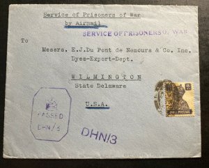 1942 Dehra Dun India POW Prisoner Of War Camp Cover to Wilmington USA