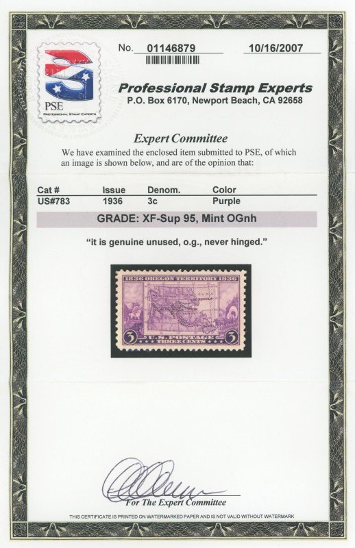 USA 783 - 3 cent Oregon Territory - PSE Graded Cert: XF/Superb 95 Mint OGnh