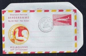 AUSTRALIA Aerogramme 10d Airplane Power Conference 1962 FDC Melbourne cancel!