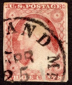 1855, US 3c, Washington, Used, Dull Red, Faulty, 4 margins, Sc 11