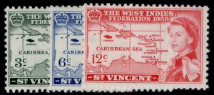 ST. VINCENT QEII SG201-203, 1958 Caribbean set, LH MINT.