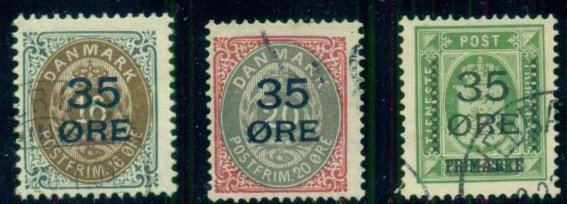 DENMARK #79-81, 35ore Surcharges, used, VF, Scott $255.00