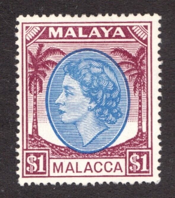 1954-55 Malaya Malacca Sc #42 - $1 QEII, Palm Oasis  MH postage stamp