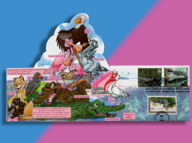Two Alligators and Crocodile Lie in Wait on Southern Florida Wetlands Pop-Up FDC