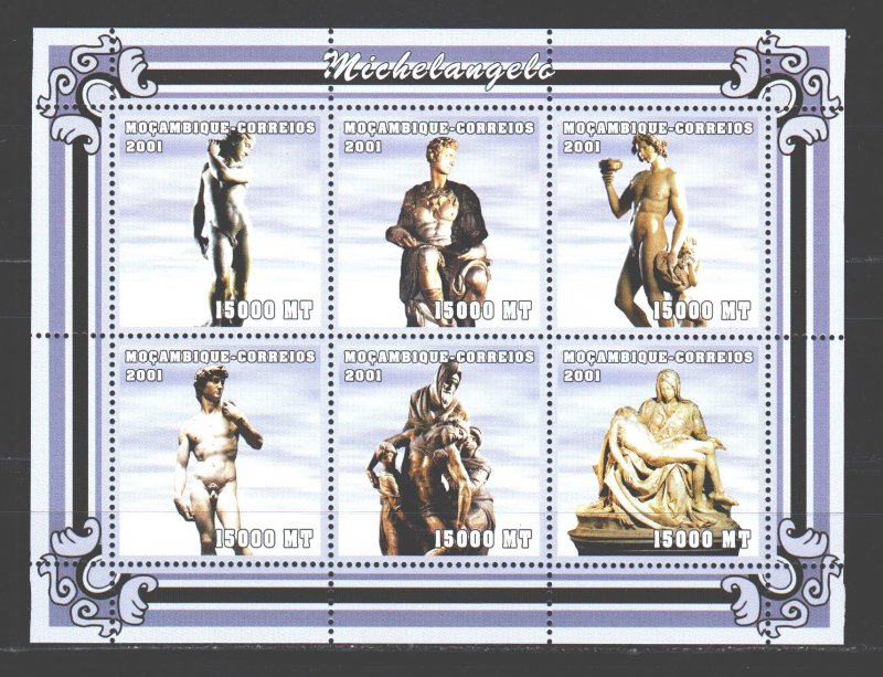 Mozambique. 2001. ml 2127-32. Michelangelo, sculptures. MNH.