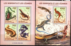 Ivory Coast 2014 Reptiles Lizards Snakes Sheet + S/S MNH