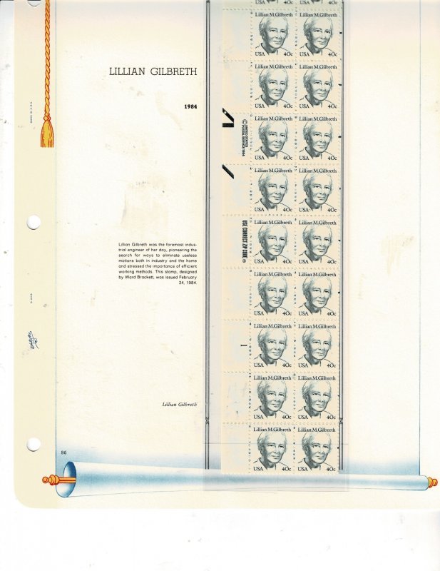 Lillian Gilbreth 40c US Postage Plate Strips of 20 stamps #1868 VF MNH