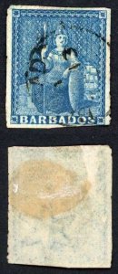 Barbados 1d blue wmk Large Star Looks Imperf but perfs cut down