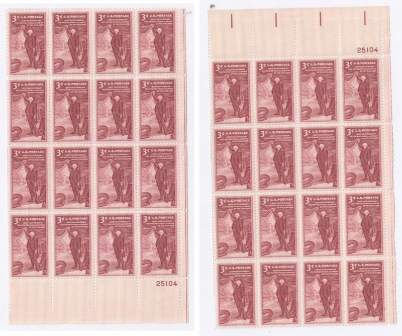  US Sc 1064 (2) Pl Blks 12 Academy Fine Arts MNH LR UR 25104