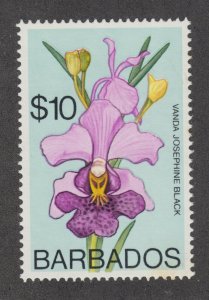 Barbados Sc 411b MLH. 1976 $10 Moon Orchid, upright watermark, fresh, bright, VF