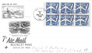 1958 Air Mail FDC, #C51a, 7c Blue Jet, Art Craft, booklet pane