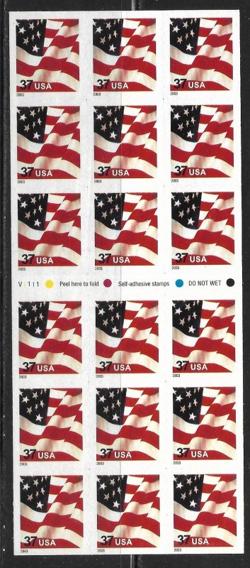 United States Scott #3637a 37c Flag ATM booklet Pane/20 #V1111 VF MNH