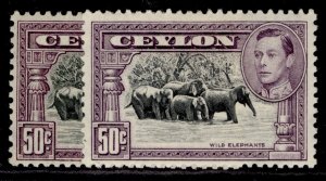 CEYLON GVI SG394d + 394e, 50c PERF VARIETIES, M MINT. Cat £19.