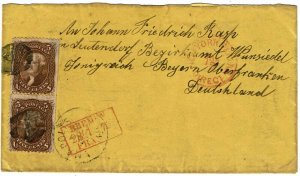 1870 Indianapolis, IN cancel on cover to Germany, pair 5c F grill, Scott $1850