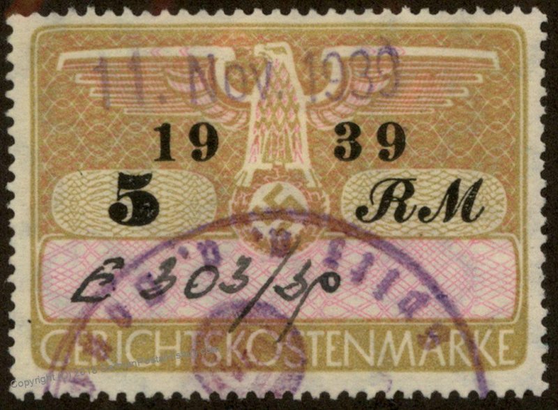 Germany 3rd Reich 5RM Court Fee Stamp 1939 Used 96232