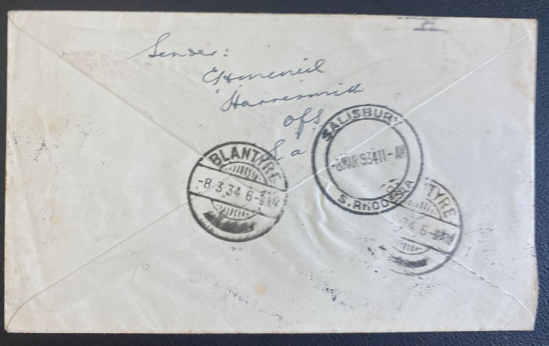 1934 Limbe Nyasaland First Flight Airmail Cover To Salisbury Southern Rhodesia
