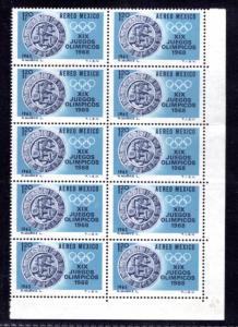 Scott C310, Mexico, Air Post, Lower Right Corner Block of 10, MNHOG, 1965, 1.2P