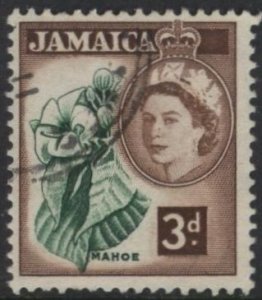 Jamaica 163 (used) 3p Elizabeth II, Mahoe flower, brn & grn (1956)