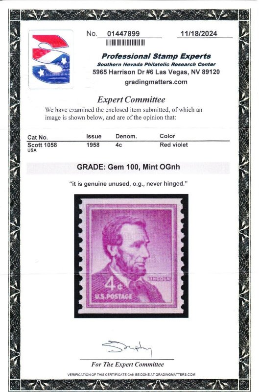 MOstamps - US #1058 Mint OG NH Grade 100 with PSE Cert - Lot # MO-5630 SMQ $140