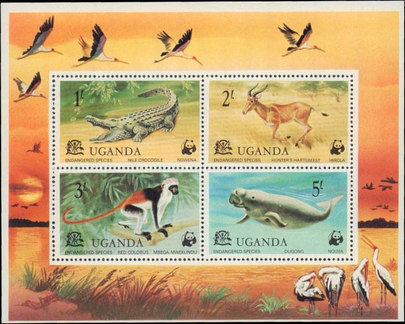 Uganda #176-180a, Complete Set(6), 1977, Animals, World Wildlife Fund, Never ...