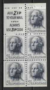 1962 USA 1213a 5¢ George Washington booklet pane of 5 with Zip Code slogan MNH