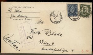 Canada 1935 15c Rate Registered Noranda Quebec to Vienna Austria Cover G88884