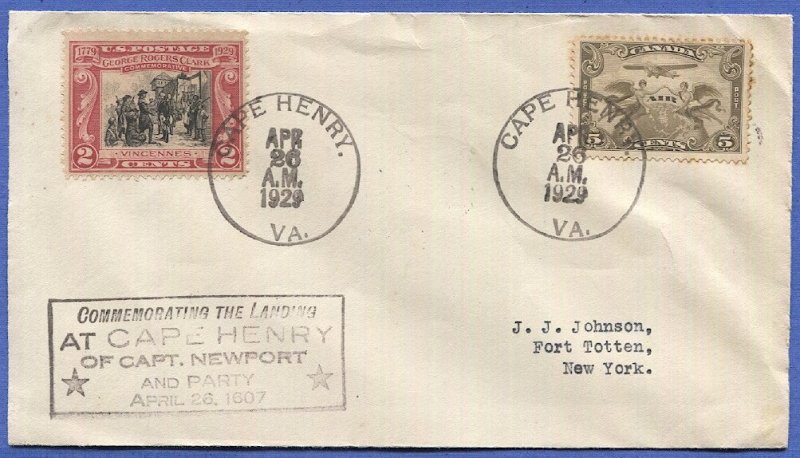 1929 Mixed Franking Sc 651 + Canada C1, Cape Henry, VA Special cancel