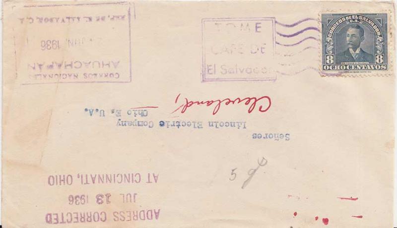 Salvador 8c Palomo 1936 Correos Nacionales, Ahuachapan, Rep. de El Salvador, ...