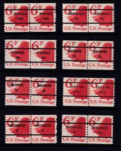 1974 Liberty Bell 6.3c Sc 1518a MNH precancel coil lot of 8 different pairs