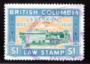 van Dam BCL49 - $1 blue - Used VF - British Columbia Law Stamp - 1958 Canada