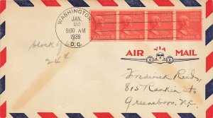 846 6c JOHN QUINCY ADAMS COIL STRIP OF 4 - Nice Airmail FDC