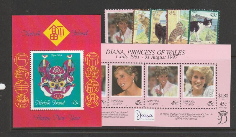 Norfolks 1998 MS, Diana & New Year, 98 cats & diana single MM SG MS657/661 & 664