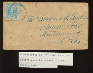 Confederate States 2e Used Stamp on Cover Petersburg VA to North Carolina LV6344