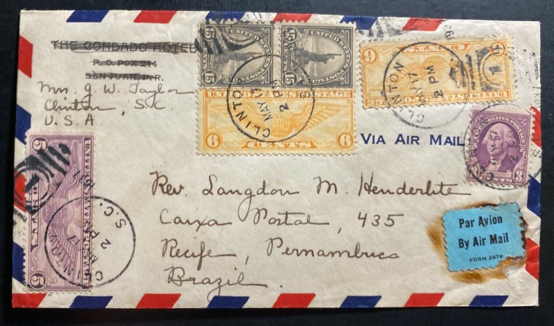 1937 Clinton SC Usa Airmail Cover To Pernambuco Brazil 