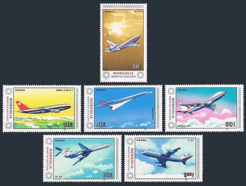 Mongolia C173-C179,C180,MNH. Mi 1626-1632,Bl.102. Aircraft,1984.Airbus,Concorde,